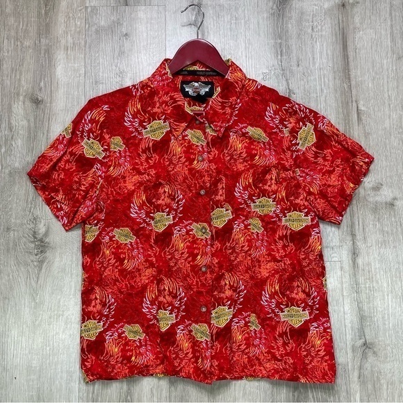 Vintage Harley‎ Davidson Men's Medium Graphic Hawaiian Button Up Shirt - Picture 2 of 8